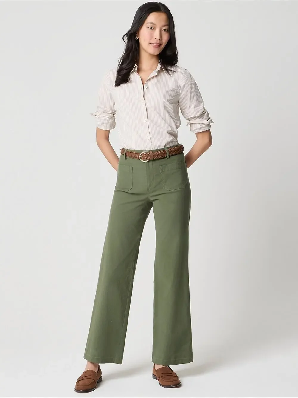 J.Crew Factory Lizzie Wide Leg Pants Olive Green 33 High Rise Chino NWT⁠